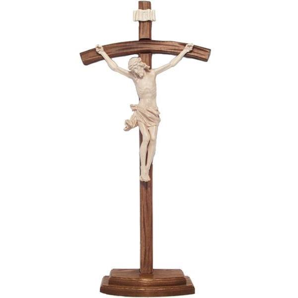 Stehkreuz - Korpus mit gebogenem geschnitzten Kreuz und Sockel - Gewachst 
