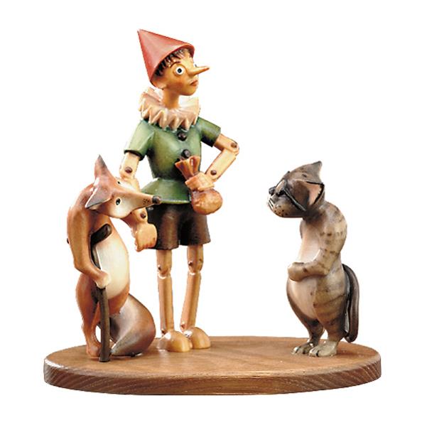 Pinocchio mit Fuchs & Katze (mit Sockel) - lasiert